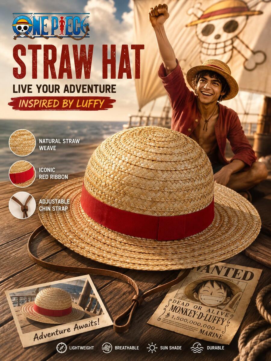 Netflix 1pc Authentic Straw Hat Pirates Straw Hat Made Of Real Woven Straw Material With Red Ribbon, Classic Anime Cosplay Accessory, Perfect For Parties, Fan Events And Daily Wear, Ideal Gift For Enthusiasts