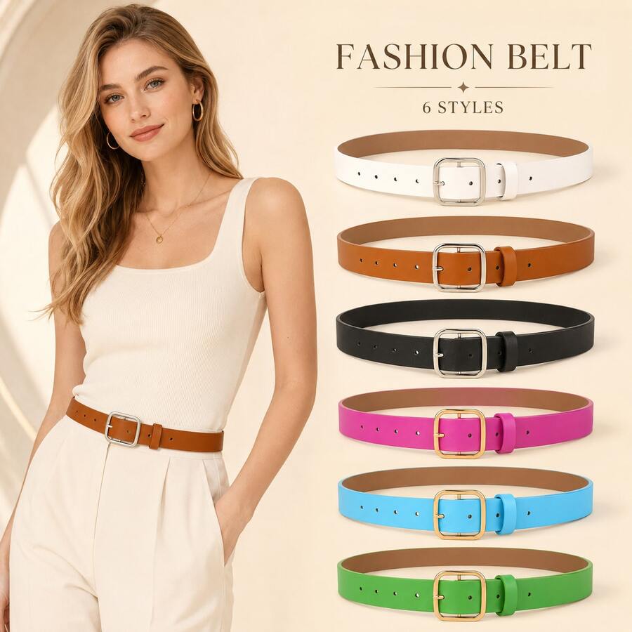 Women's Solid Color Belts, 3-Piece Set, Minimalist Design, Candy Color Strap, Gold/Silver Square Buckle Design, Fashionable Accessory, Suitable For Jeans, Casual Wear And Other Outfits, Perfect For Travel, Commute, Date, Party, Casual, Daily Wear And Other Occasions, Great As Holiday, Birthday Gift, Top Choice For Fashion Enthusiasts - Women's Candy Color Belt - View 1