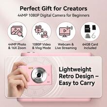 FUNNY PANDA Pink Digital Camera, 44MP 1080P Vlogging Camera With 16X Zoom, 2.2 Inch Screen, Self Timer, Webcam Mode, Plug And Play, 64GB Card Included, Ultra Lightweight Compact Retro Design - View 4