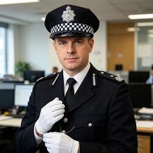 Conjunto de accesorios de sombrero de policía británico, sombrero de oficial de policía a cuadros negros, guantes formales blancos y corbata fácil de usar - Multicolor - Ver 3