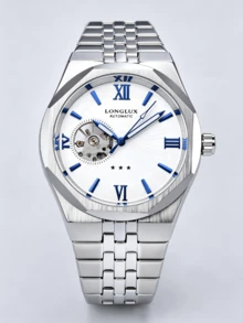 LONGLUX 1pc Men's Automatic Mechanical Watch, Hollow Dial With Roman & Mixed Numerals, Luxury Business Style, Stainless Steel Band, Suitable For Daily Wear And Holiday Gift - White - View 7