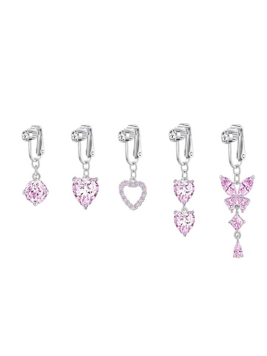1-5pcs Elegant Pink CZ Butterfly Dangle Clip-On Belly Ring, Silver Plated No-Piercing Navel Ring For Women, Beach & Party Jewelry - Pink - View 1