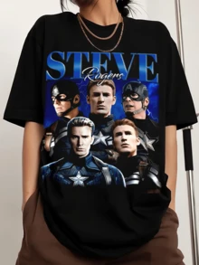 Vintage Steve Rogers Captains Americas T-Shirt Retro Printed Fashionable Men's And Women's T-Shirts, Fan Merch - 黑色 - 查看 1