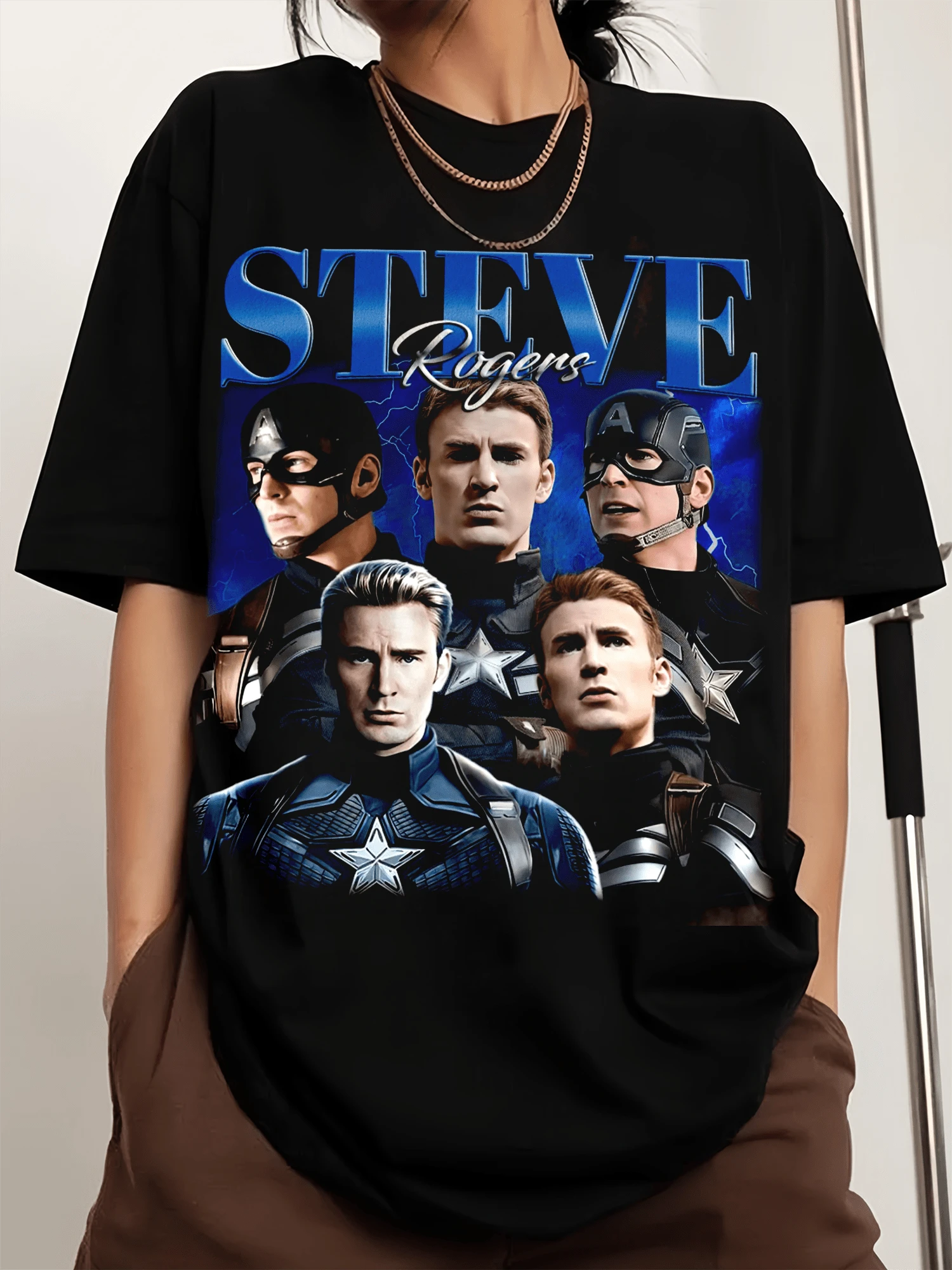 Vintage Steve Rogers Captains Americas T-Shirt Retro Printed Fashionable Men's And Women's T-Shirts, Fan Merch - 黑色 - 查看 1