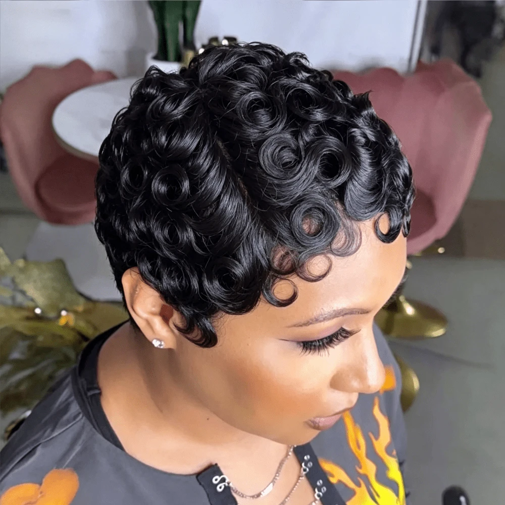 Women's Remy Human Hair Pixie Cut Wig - Short Wave With Bangs, 150% Density Full Machine Made Rose Net Cap Everyday & Special Occasion Hairstyle