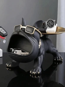 Juego de Decoración de Almacenamiento Bulldog Francés Negro - 1 Pieza - Estatua de Resina Elegante con Collar Dorado, Soporte para Gafas y Bandeja para Reloj - Adecuado para el Hogar, Oficina, Cafetería o Exhibición de Vacaciones - Regalo Ideal para Navidad y Año Nuevo - A - Ver 4