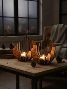1/2/Pcs Creative Lotus-Shaped Natural Wood Tea Light Holder: Natural Wooden Candle Holder With Flame-Inspired Design And Handcrafted Finish, Perfect For Halloween, Christmas, Home Decor Or Adding Atmosphere To Wedding Proposals (Requires Manual Assembly) - Brown - View 5