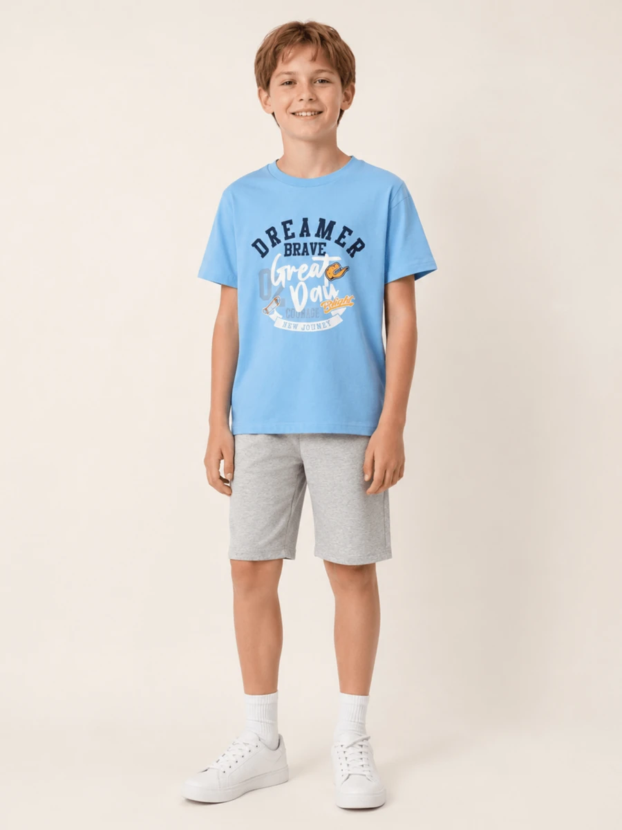 Balabala Conjunto de manga corta para niños primavera/verano 2026, camiseta de secado rápido y pantalones cortos, cómodo y suave, estilo casual - tinte azul - Ver 1