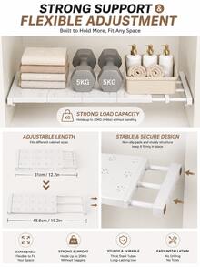 1/2PCS Ensemble d'organisateur de placard extensible, étagère à compartiments réglables, organisateur de garde-robe à grande capacité renforcé et robuste, installation sans perçage stable et antidérapante, étagère de rangement multifonctionnelle avec conception de barre de suspension convenant pour le rangement des vêtements, serviettes, pantalons, écharpes, sacs, organisateur de rangement pour chambre, placard, dortoir, solution de rangement extensible gain de place, fournitures pour la maison simples et élégantes - Multicolore - Voir 5