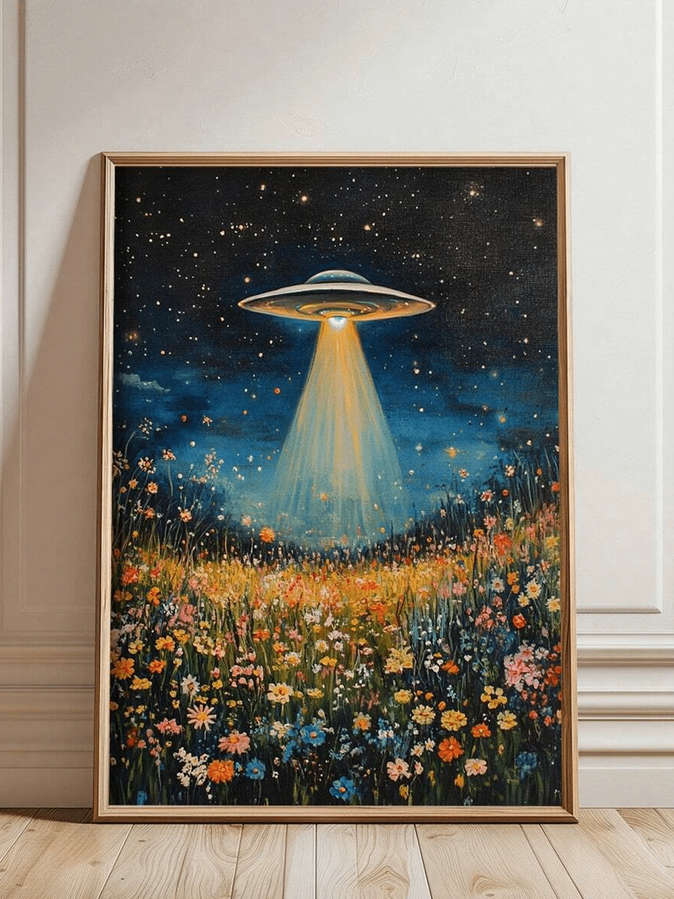 1件帆布壁畫含框,復古太空船UFO與野花壁畫,復古花卉油畫,外星愛好者牆面裝飾 - 獨特且時尚的禮物。復古家居裝飾適用於房間、臥室、宿舍、客廳裝飾。 - 彩色 - 查看 1