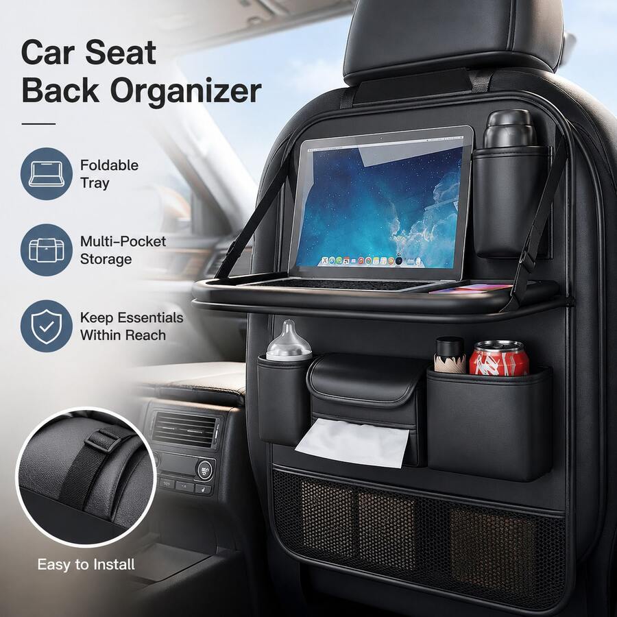 Car Seat Back Storage Organizer Leather Rear Seat Storage Box Table Style Car Seat Back Hanging Bag Anti-Kick Mat - Multicolor - View 1