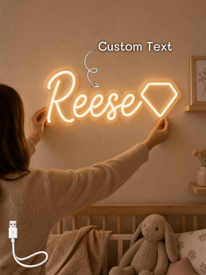 1pc Customizable Diamond + Name Wall-Mounted Neon Sign, Warm LED Light Source, Baby Girl Nursery Decor, Little Princess Baptism Gift Bedroom Living Room Display Ornament