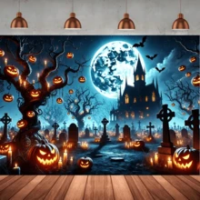 1pc Halloween Castle Moonlight Pumpkin Banner, Polyester Material, Suitable For Halloween Party, Haunted House Theme Events, Birthday, Indoor/Outdoor Decoration, Home Decor, Garden, Yard Decoration And General Theme - A - View 8