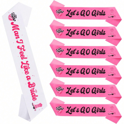 牛仔女郎單身派對肩帶套組，1條新娘肩帶與6條Let's Go Girls肩帶，粉色西部主題新娘派對裝飾，新娘隊慶祝肩帶