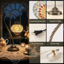 Turkish Moroccan Mosaic Glass Table Lamp, Handmade Swan Neck Bedside Lamp With Bronze Base, 3 Color Modes LED Light, Decorative Nightstand Lamp For Bedroom, Living Room, Boho Home Decor, LED Bulb Included, Orange. - Xem 7