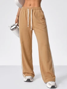 KyrLssu Women's Drawstring Elastic Waist Wide Leg Sweatpants, Side Double Stripes, Loose Casual Pants, Suitable For Daily Streetwear And Light Sports - Khaki - View 2