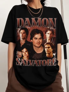 Damon Salvatore Men's Sports T-Shirt With Crew Neck And Print, Short Sleeves - 黑色1 - 查看 1