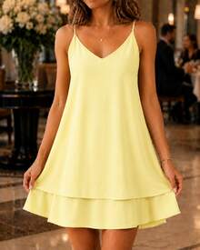 Women's Short, Loose-Fitting Dress With Layers And Ruffles In Candy Colors For Summer, With Adjustable Straps. - 黃色 - 查看 1