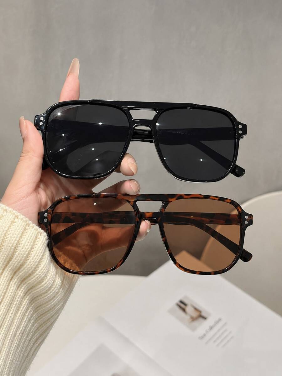 2Pair Oversized Gradient Lens Shades For Women, Double Bridge Square Frame Fashion Eyewear, UV Protection For Travel, Vacation & Daily Wear