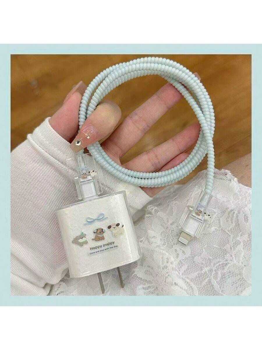 全新 TPU 充電器與線材保護套組,狗與圓點圖案,耐用 18/20W 充電線保護殼,防斷線理線器,相容於 16/15/13/14 手機充電器 - 彩色 - 查看 1