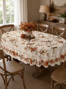 1pc Autumn Bird & Maple Leaf Branch Print Tablecloth, Cream White Vintage Pastoral Style Wavy Edge Dining Tablecloth, Suitable For Kitchen, Dining Room, Family Gathering, Autumn Lunch, Tablecloth For Dining Room, Kitchen Essentials - Multicolor - View 9