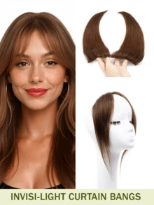Curtain Bangs Invisi-Light Human Hair Face-Framing Lace Side Bangs Natural Straight Hair Fringe No Clip-In Hair Extensions Forehead Coverage Brown/Blonde Suitable For Daily Wear, Party Quick Hairstyle Change Seamless Breathable - Multicolor - View 16