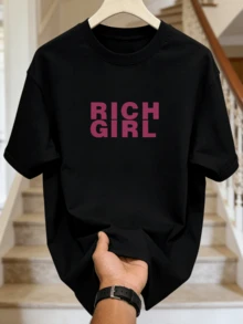 Herren Sommer Lässig Weiches Rundhals Kurzarm-Hemd, Heißes Pink Gestapeltes Dickes RICH GIRL Typografie Muster Grafik Geeignet für den täglichen Gebrauch. - Schwarz - Übersicht 5