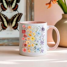 [Se envía en 24 horas desde México]Taza de café de cerámica con estampado floral y asa rosa - Diseño floral vibrante, aislante y reutilizable, perfecta para el té matutino o las pausas de café, regalo ideal para amantes de las flores, accesorios para cafeterías. - Imagen 1 pieza - Ver 4