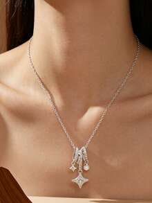 1pc Elegant New Faux Pearl Starburst Necklace Pendant Multi-Layer Integrated Versatile Star Collarbone Chain Jewelry For Women Daily Wear And Party - Multicolor - View 2