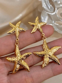 1 paire de boucles d'oreilles à double étoile dorées, boucles d'oreilles pendantes longues, boucles d'oreilles en acier inoxydable pour femmes, convenant pour le port quotidien, les fêtes, les cadeaux de Noël et d'anniversaire - Multicolore - Voir 3