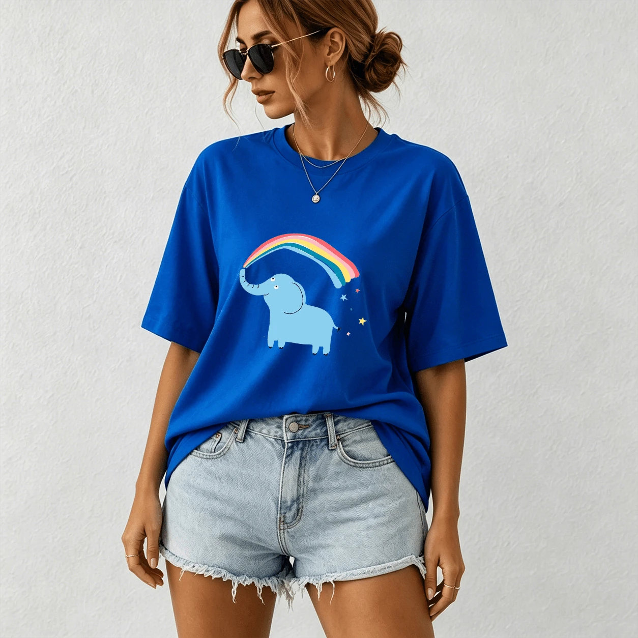 G Studio Women's T-Shirt Kawaii Elephant Design Fashion Aesthetic For Mom And Kids Oversize - T01-藍色 - 查看 1