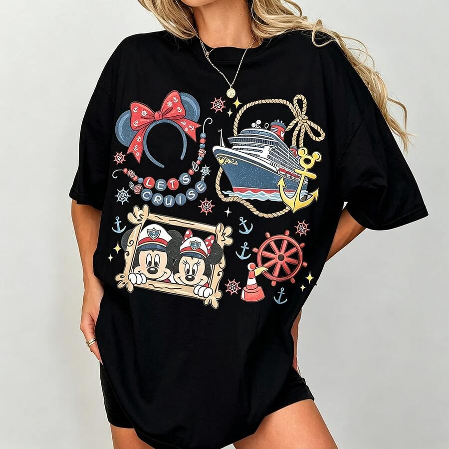 (Loose Version)Disney Coquette Bow Mickey And Minnie Cruise Line Shirt, Minnie Mouse Girl Cruise Trip, Let's Cruise Tee, Disney Wish Dream Magic - 黑色 - 查看 1