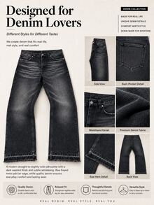 Quần jeans ống rộng nam không co giãn màu đen wash, phong cách streetwear thường ngày, hiệu ứng râu mèo, gấu raw, denim Y2K - màu đen - Xem 9