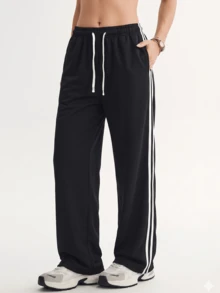 KyrLssu Women's Drawstring Elastic Waist Wide Leg Track Pants, Side Double Stripes, Loose Casual Trousers For Daily Streetwear & Light Sports. - Black - View 2
