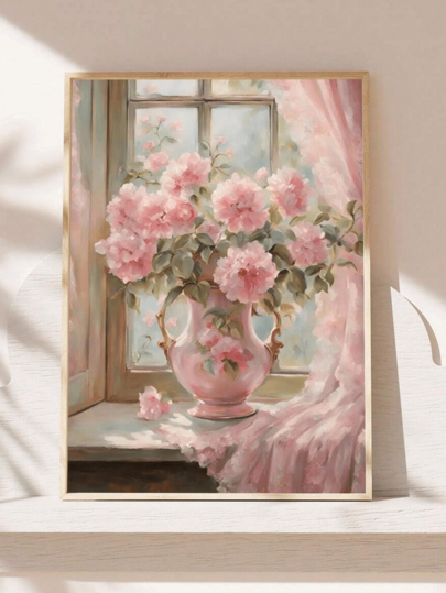 1 pieza Arte de pared en lienzo, pintura decorativa enmarcada, póster, decoración de pared, pintura al óleo de rosas rosas y alféizar de ventana, decoración de guardería para niñas, decoración de pared floral de primavera, decoración estética de sala de estar, pintura decorativa de flores y plantas rosas, tema de decoración de primavera, decoración del hogar de primavera
