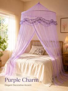1pc Princess Royal Bed Canopy Mosquito Net, Solid Color, Lace Trim Round Dome Hanging Style, Lightweight Polyester Mesh, Mosquito Protection & Decorative Privacy, Fits Full Queen & Dorm Beds, Back To School College Dorm Bedroom Essential - B - View 3
