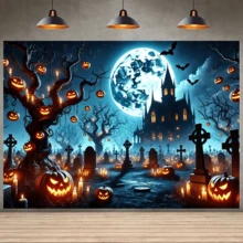 1pc Halloween Castle Moonlight Pumpkin Banner, Polyester Material, Suitable For Halloween Party, Haunted House Theme Events, Birthday, Indoor/Outdoor Decoration, Home Decor, Garden, Yard Decoration And General Theme - A - View 9