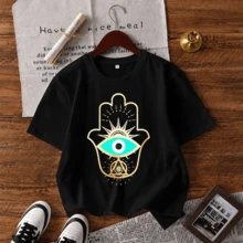 Women's Black T-Shirt With Fatima Hamsa Hand Print, Gold Turkish Eye, Boho Spiritual Bohemian Style, Short Sleeve, Round Neck, Casual For Everyday Wear, Gift And Festival - 黑色 - 查看 2