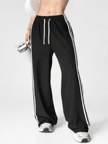 KyrLssu Women's Drawstring Elastic Waist Wide Leg Track Pants, Side Double Stripes, Loose Casual Trousers For Daily Streetwear & Light Sports. - Black - View 5