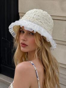 1 pièce Chapeau seau élégant à volants pour femmes, chapeau de soleil en jacquard floral avec bordure de perles, chapeau d'été léger et respirant, convient pour les voyages, la plage et le port quotidien - A - Voir 4