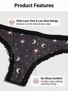 Dircho 1 pièce Tanga avec imprimé Soleil & Lune et bordure en dentelle, culotte confortable taille basse pour femmes - Multicolore - Voir 4