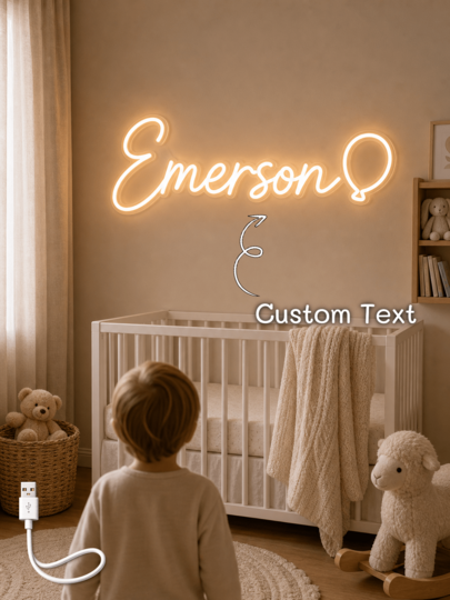 1 pieza Luz de Neón Personalizada con Nombre en Forma de Globo, LED Blanco Cálido, Decoración de Habitación Infantil Estilo Crema, Regalo para Recién Nacido, Adorno de Decoración de Pared para Sala de Estar