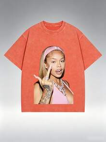 Women's Casual Oversized Streetwear T-Shirt With Pink Graphic Print, Short Sleeve Round Neck Cotton Tee For A Relaxed Look - 橘色 - 查看 1