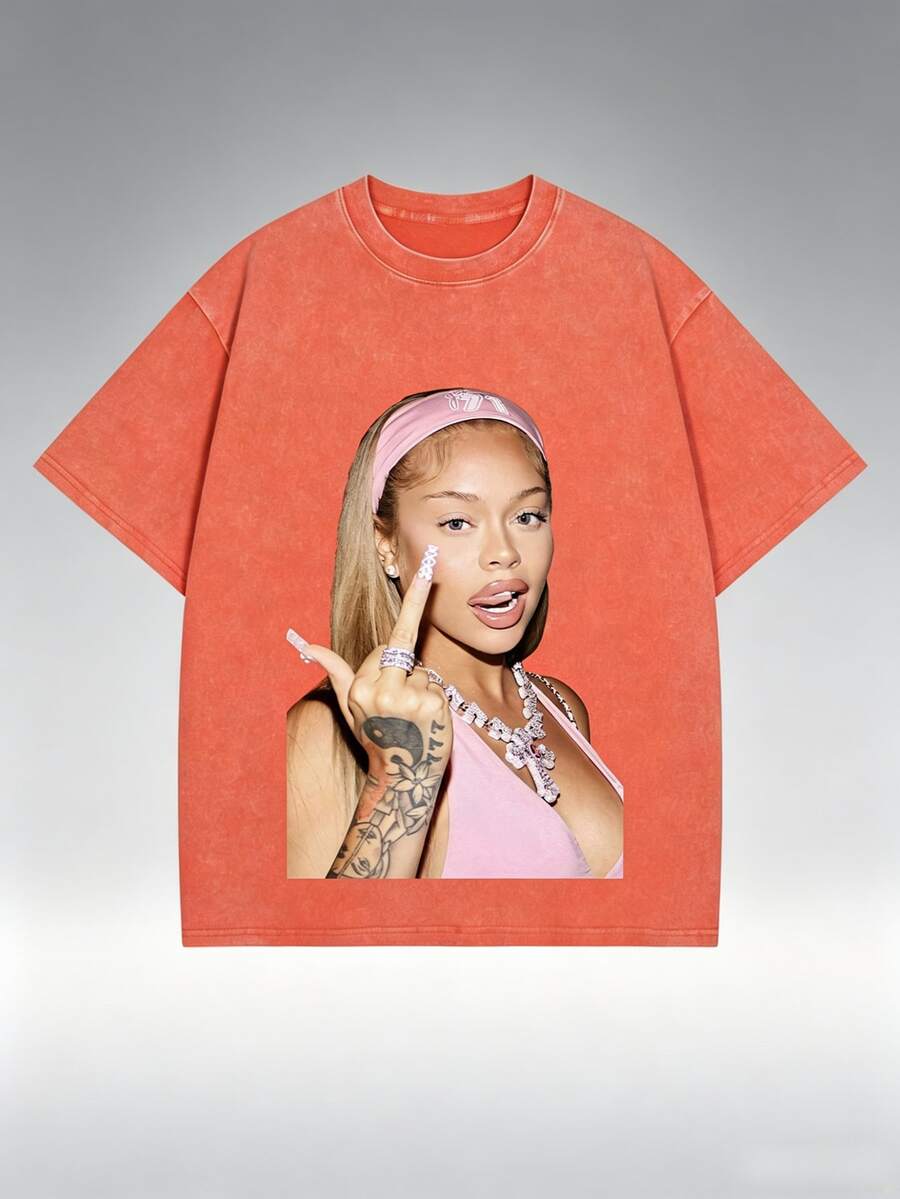 Women's Casual Oversized Streetwear T-Shirt With Pink Graphic Print, Short Sleeve Round Neck Cotton Tee For A Relaxed Look - 橘色 - 查看 1