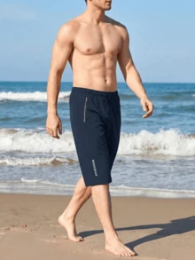 夏季男士休閒運動慢跑七分褲，附腰部抽繩與拉鍊口袋 - 藏蓝色 - 查看 6