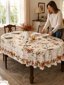 1pc Autumn Bird & Maple Leaf Branch Print Tablecloth, Cream White Vintage Pastoral Style Wavy Edge Dining Tablecloth, Suitable For Kitchen, Dining Room, Family Gathering, Autumn Lunch, Tablecloth For Dining Room, Kitchen Essentials - Multicolor - View 8