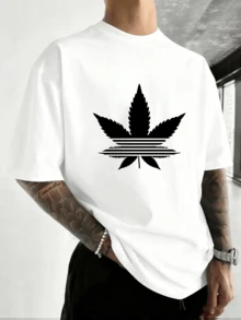 Hoja botánica moderna con rayas horizontales simboliza conexión natural para entusiastas del aire libre en camiseta de hombre - Blanco - Ver 1
