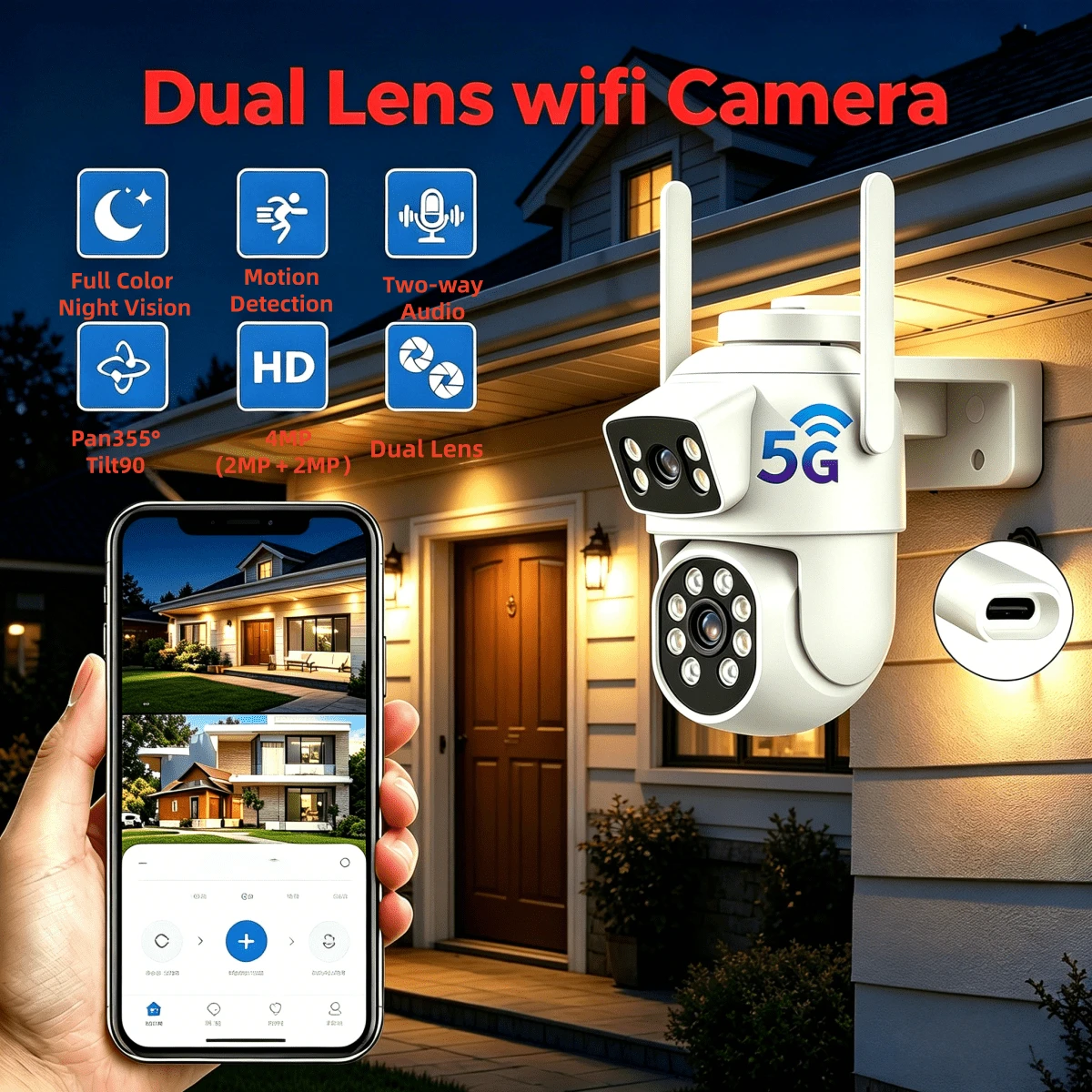 Kamera Keamanan Rumah Luar Ruangan Lensa Ganda WiFi 5G, Kamera IP PTZ, Perekam Video Nirkabel, Gambar Video Definisi Tinggi, Penglihatan Malam Berwarna, Deteksi Gerakan AI, Komunikasi Dua Arah, Cocok Untuk Manajemen Hotel/Properti, Pemantauan Halaman USB