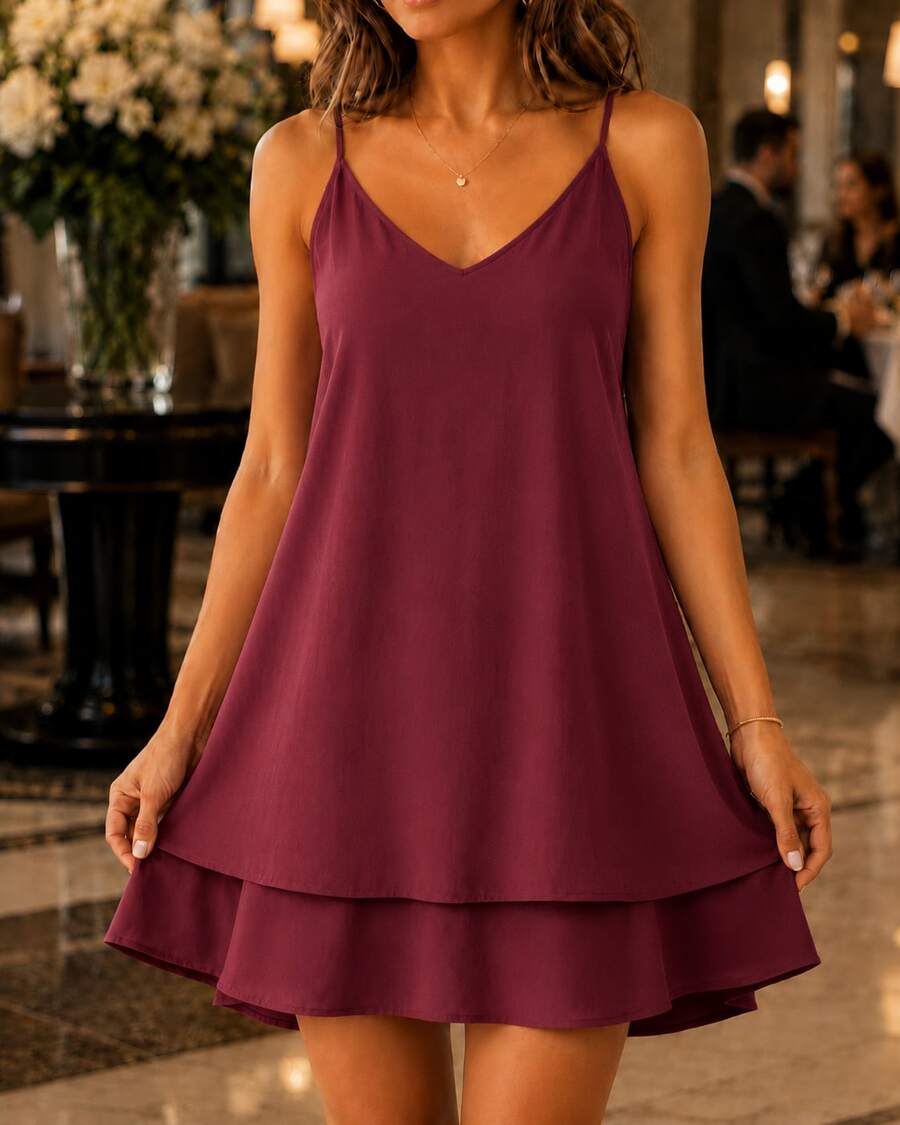 Women's Short, Loose-Fitting Dress With Layers And Ruffles In Candy Colors For Summer, With Adjustable Straps. - 紅木色 - 查看 1