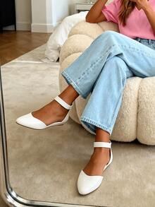 Women's Closed Pointed Toe Low Wedge Ankle Strap Casual Comfortable Ballet Flats With Back Zipper Design Party Wedding Shoes - White - View 5